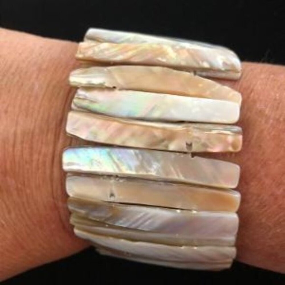 Vintage Abalone Stretch Cuff Bracelet, Shell Wide Stretch Bracelet, Beach Shell